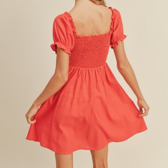 New Boho Puff Sleeve Front Tie Mini Dress Red - Picture 6 of 6